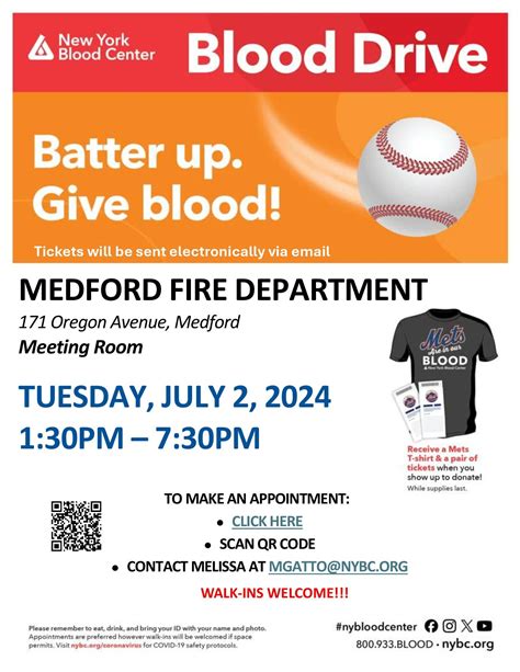 Jul 2 | Medford Community Blood Drive - NY Mets Tickets & Mets Shirt for donors! | Medford, NY Patch