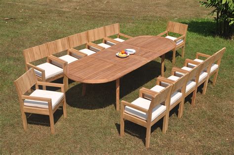 Grade-A Teak Dining Set: 12 Seater 13 Pc: 118" Double Extension Oval Table And 12 Veranda Arm ...