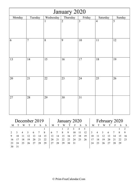 Editable Calendar January 2020 (Portrait Layout)