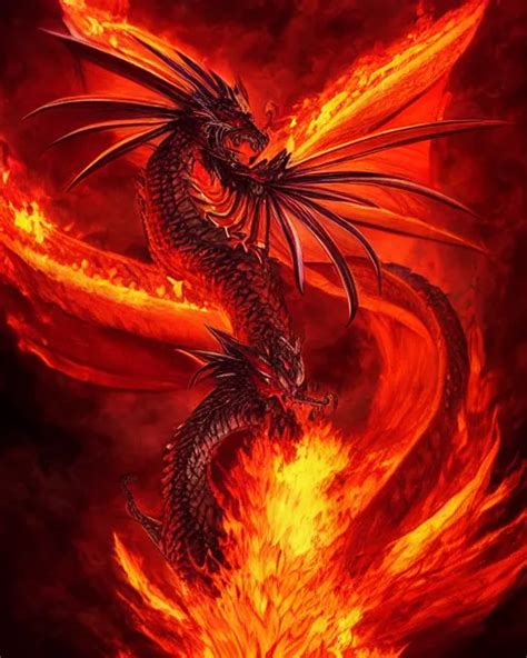 A red dragon with phoenix tail flying while breathing | Stable Diffusion | OpenArt