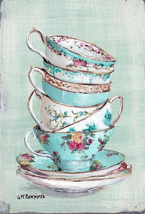 Stacked Aqua Themed Tea Cups Painting by Gail McCormack