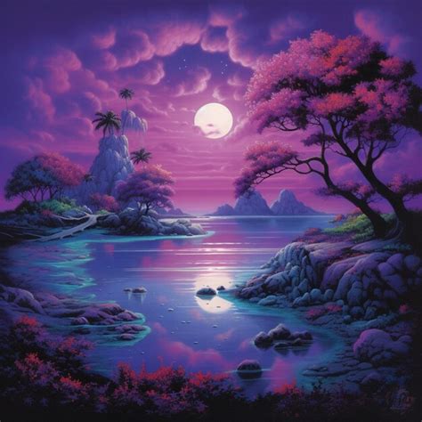 Premium AI Image | Painting of a purple sunset with a full moon over a lake generative ai