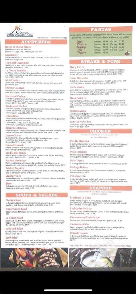 La Cima Mexican Grill menu in Aubrey, Texas, USA