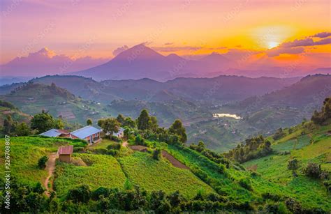 Kisoro Uganda beautiful sunset over mountains and hills of pastures and ...