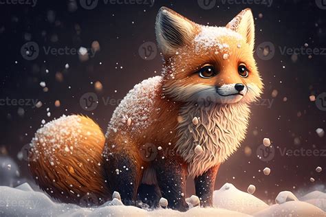 Cute red fox baby cartoon dreamlike in snow, winter, . Animal and ...