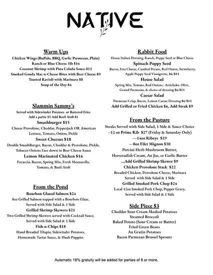 Native Restaurant Menu | Sparta, IL | Checkle