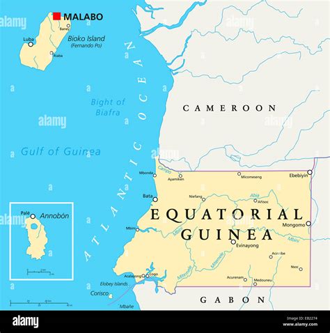 La Guinea equatoriale Mappa Politico con capitale Malabo, confini nazionali importanti città e ...