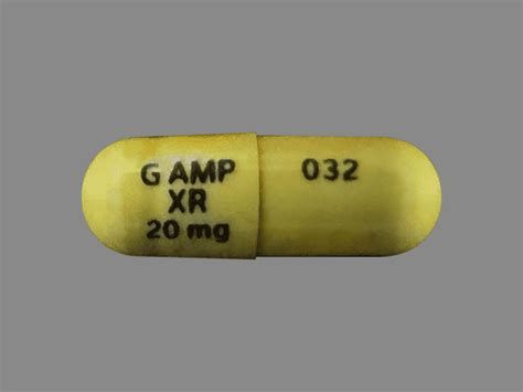 G AMP XR 20 mg 032 Pill Gold Capsule/Oblong - Pill Identifier