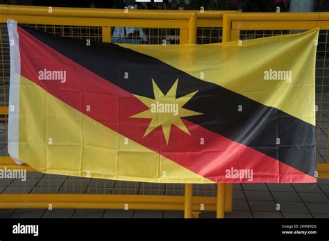 Sarawak state flag displayed at the central market at Sibu, Sarawak ...