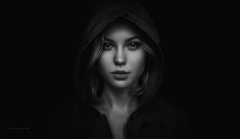 Wallpaper : face, women, model, hoods, Dennis Drozhzhin, head, beauty, eye, darkness, black and ...