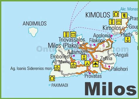 a map of the major cities and roads of milos, with names on it