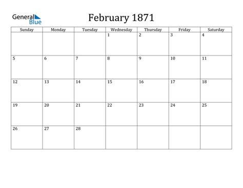 February 1871 Calendar (PDF Word Excel)