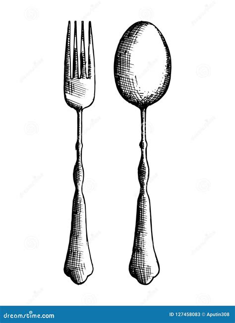 Cutlery Spoon and Fork Sketch. Drawing in Isolation Stock Vector ...