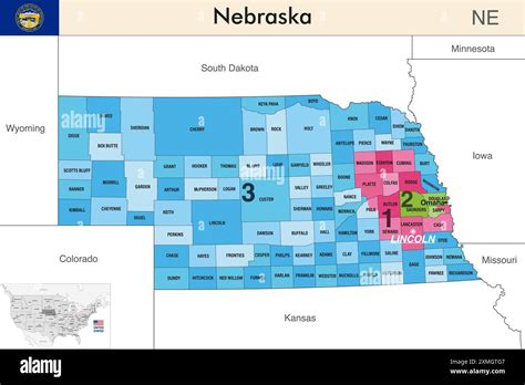 Nebraska state map with counties borders and colored congressional ...