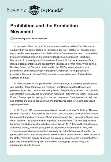 Prohibition and the Prohibition Movement - 625 Words | Essay Example