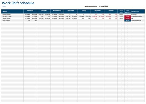 Work Shift Schedule | Timetable Template for Excel