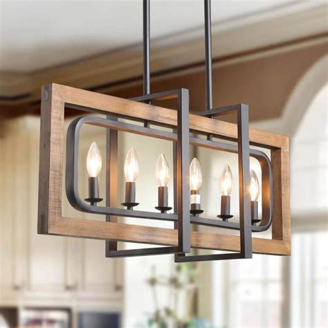 LNC 6-Light Pine Wood Candlestick Chandelier with Black Steel Frame ...