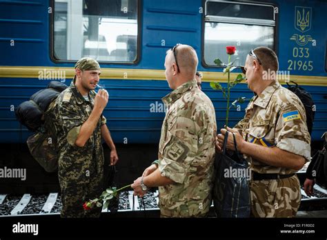 Kiev, Ukraine. 6th September, 2015. The demobilized fighters farewell at the train station in ...