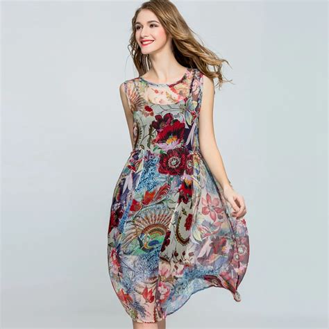 100% Silk Dress Simple Design Print Loose O Neck Sleeveless Translucent ...