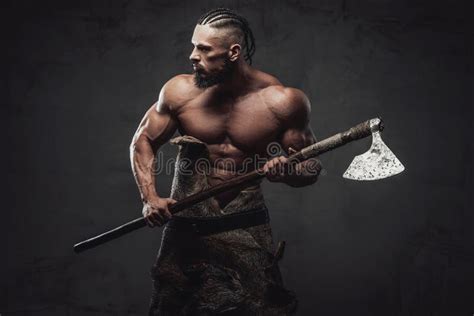 Northen Warrior Ready To Fight Holding Axe in Dark Background Stock Image - Image of aggression ...