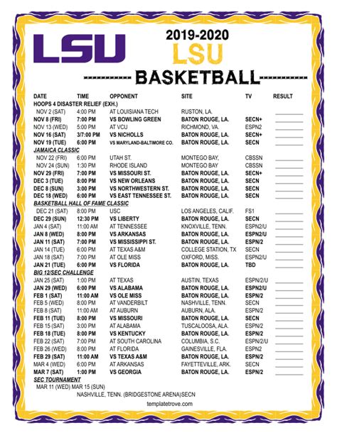 Printable 2019-2020 LSU Tigers Basketball Schedule