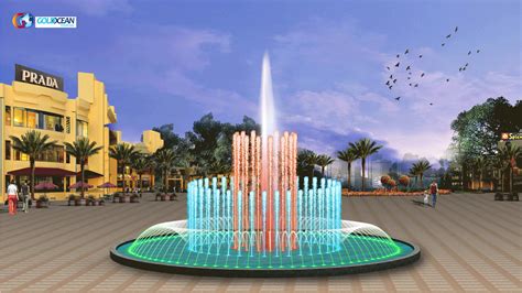 an artistic rendering of a fountain in the middle of a plaza