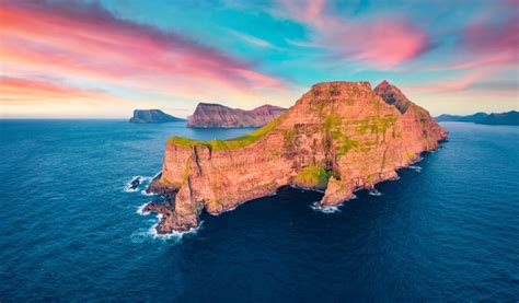 View from Flying Drone. Stunning Sunset on Kallur Lighthouse, Kalsoy Island Stock Image - Image ...