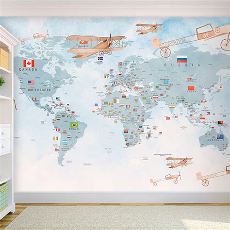 Wall mural children world map with flags and planes | MuralDecal.com