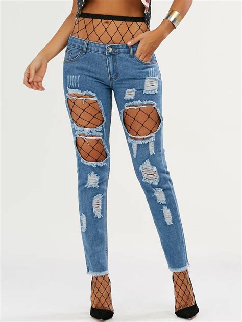 [34% OFF] High Waisted Fishnet Tights With Ninth Ripped Jeans | Rosegal