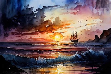 Premium AI Image | A painting of a ship at sunset