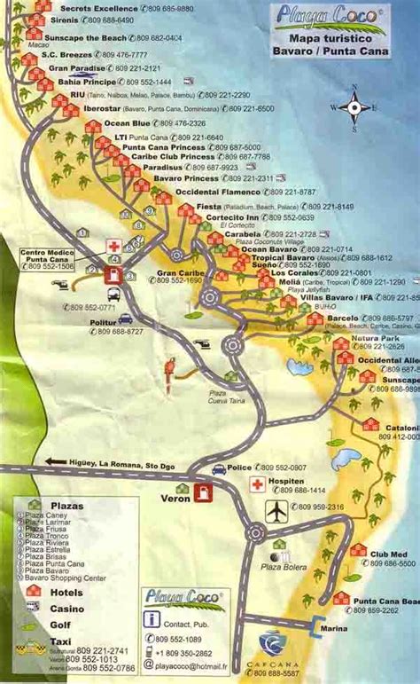 Punta Cana tourist map that includes phone numbers