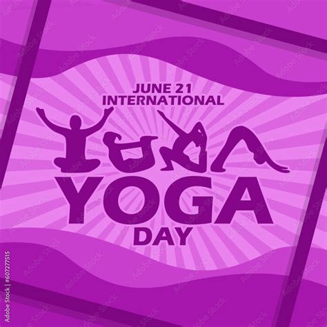 Several icons of positions of people doing Yoga with abstract purple background and bold text in ...