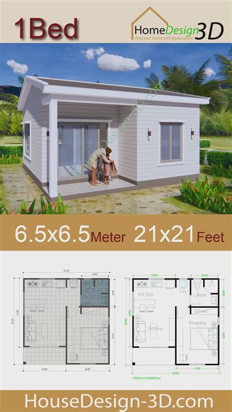 One Bedroom House Plans 21x21 Feet 6.5x6.5m Gable Roof [Video] [Video ...