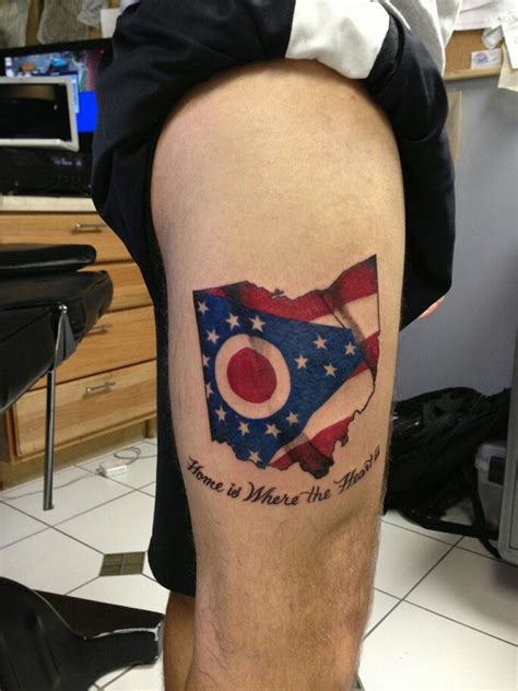 Home is Where the Heart is, state of Ohio with the state flag waiving. Tattoo done by Terry ...