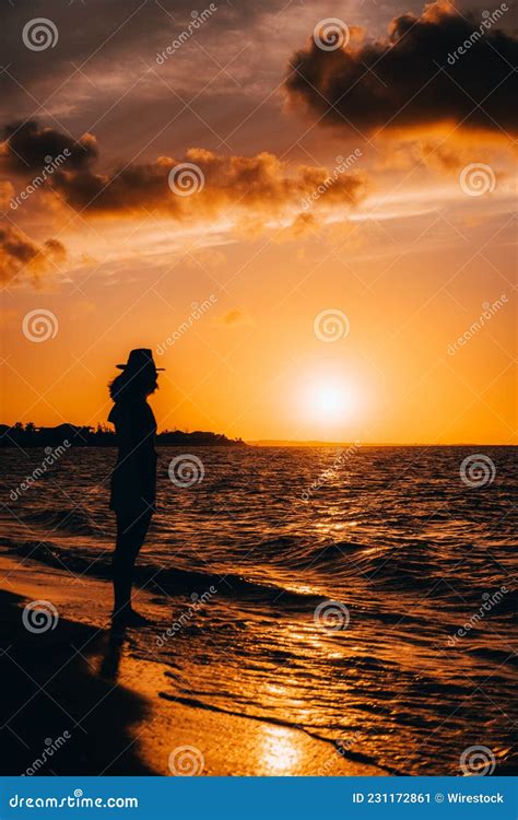 Silhouette of a Woman on a Sandy Beach during a Beautiful Sunset Stock Image - Image of rough ...