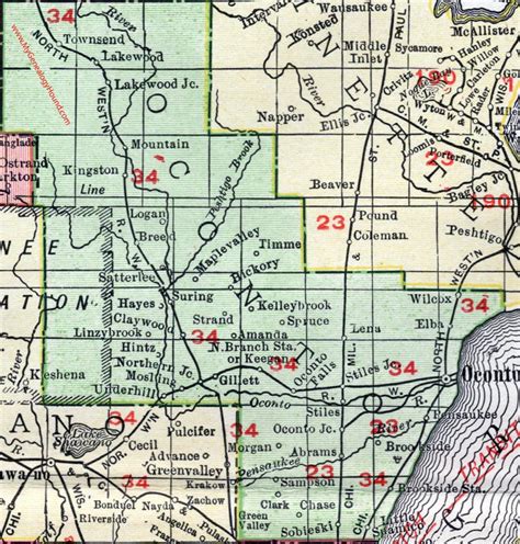 Oconto County, Wisconsin, map, 1912, Oconto City, Oconto Falls, Gillett, Lakewood, Mountain ...