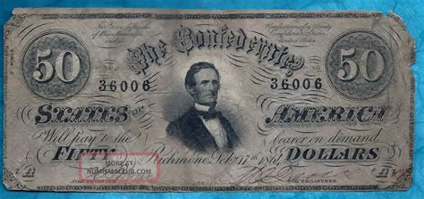 Rare Civil War Confederate Authentic Fifty Dollar Bill Circa 1864 150 Yrs Old