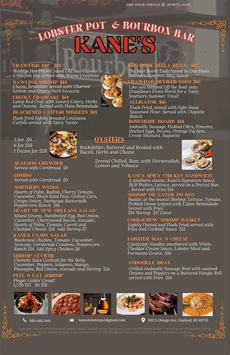 Menu at Kane's Lobster Pot & Bourbon Bar, Gaylord