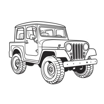 An Image Of A Jeep Is Drawn In Black And White Outline Sketch Drawing Vector, Wing Drawing, Jeep ...