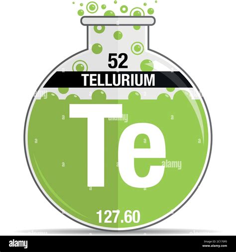 Tellurium symbol on chemical round flask. Element number 52 of the Periodic Table of the ...