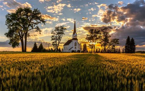 Wallpaper : church, sunset, sunrise, field, nature, landscape, trees ...