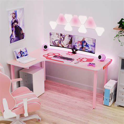 Buy Eureka Ergonomic 61 inch L Shaped Desk, Pink Computer Gaming Desk Office Corner Desk for ...