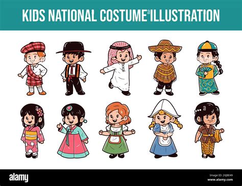 Kids character wearing a national costume vector illustration set Stock ...