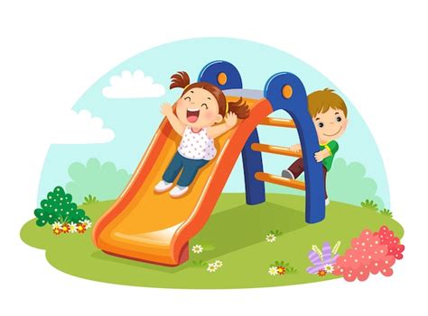 Ilustração de crianças fofas se divertindo em um slide no playground ...