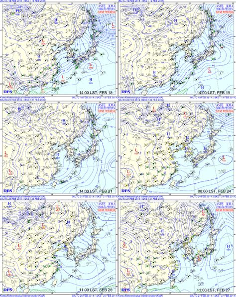 Surface weather charts for East Asia on February 18-27, 2014. Blue... | Download Scientific Diagram