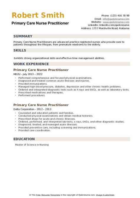 Primary Care Nurse Practitioner Resume Samples | QwikResume