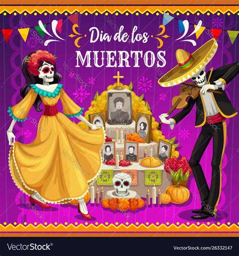 Dancing skeletons altar mexican day dead Vector Image