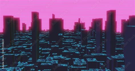 3D CGI rendered illustration. Retro anime inspired dark city at night ...