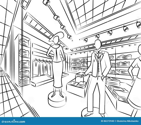 Shopping Center with Fashion Stores. Interior Design in Sketch Style Stock Vector - Illustration ...