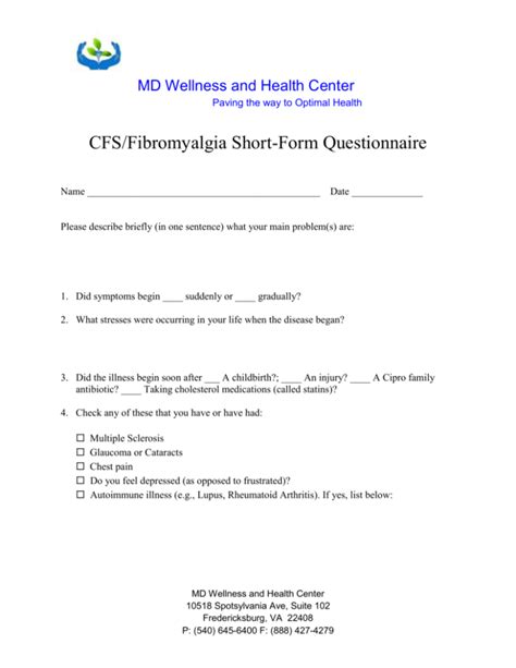 Chronic Fatigue/Fibromyalgia questionnaire